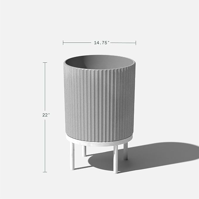 Veradek Demi Series Round Planter w/Stand for Porch/Patio | Durable Plastic-Stone Composite & Wooden Stand | Modern Décor for Tall Plants, Flowers