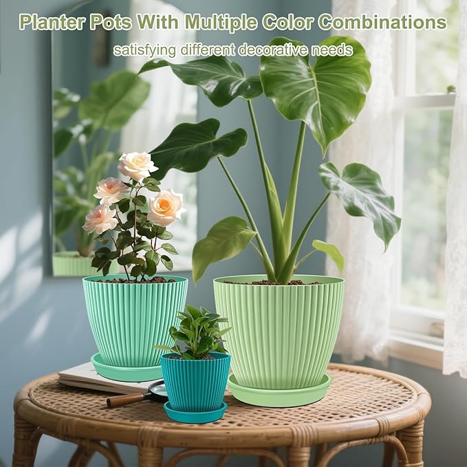 SupKing Plant Pots with Drainage Saucers 7.5/6.7/6/5/4/3.5 Inch Set of 6,Plastic Flower Pots Planters with Multi Mesh Drainage Holes Multicolor Nursery Planting Pot for Indoor Outdoor Garden Plants