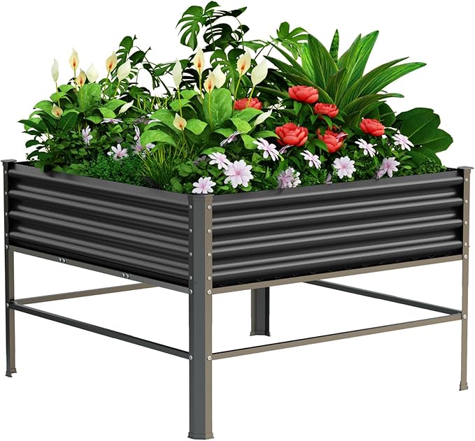 Raised Garden Bed with Legs, 48×48×32in Large Metal Elevated Raised Planter Box,1000lb Capacity with Drainage Holes for Vegetables Lawn Green Flowers, Fruits, Terrace