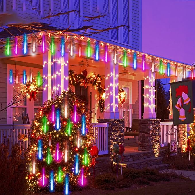 Kwaiffeo Halloween Lights, 24 Tubes Meteor Shower Lights(Equivalent to 3 Sets of 8-Tube) for Halloween Christmas Decorations Outdoor, Multi Color-Purple, Orange, Green and Icicle Blue