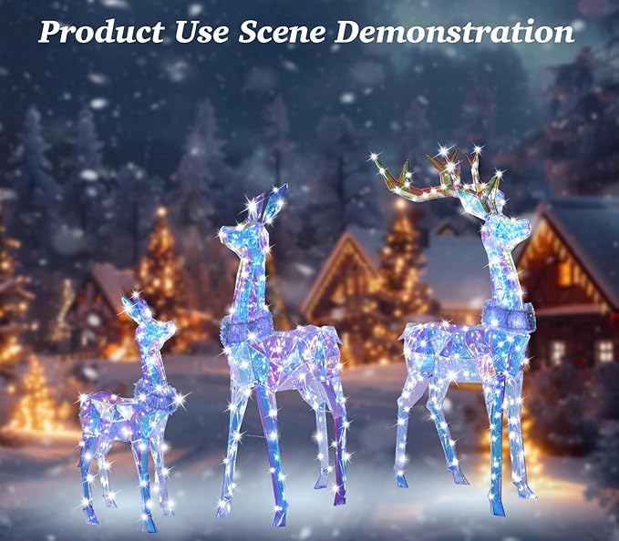 54 Inch 3D Colorful Large Lighted Christmas Deer Decorations 3-Piece Outdoor Holiday Decorations Reindeer Set with 245 Warm White LEDs, Large Yard Display for Garden, Storefront