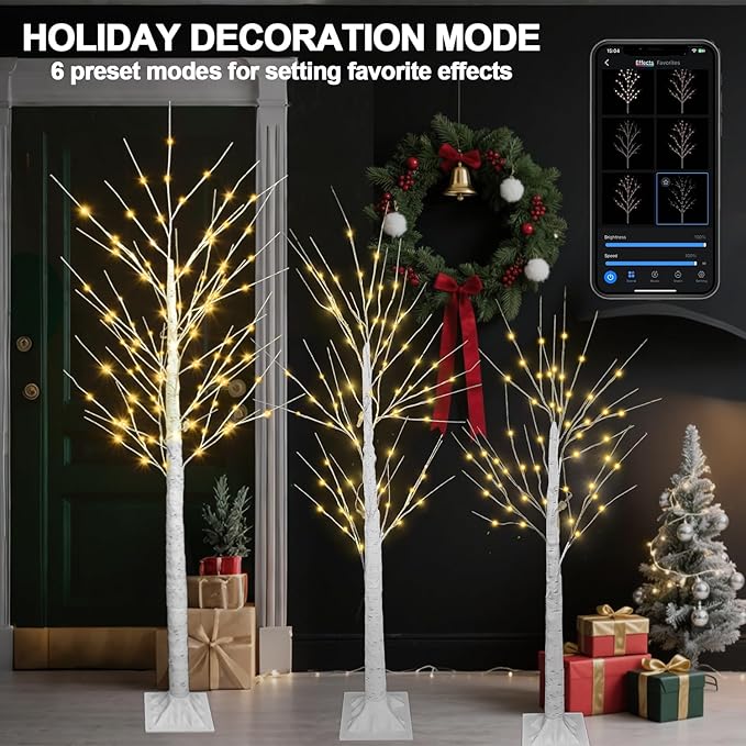 3PACK Lighted Birch Tree 4FT 5FT and 6FT, Smart White Christmas Tree with Lights with APP Home Decor, Warm White, Timing, Dimmer, Group Control, Music Sync, Holiday Decor Indoor/Outdoor Use