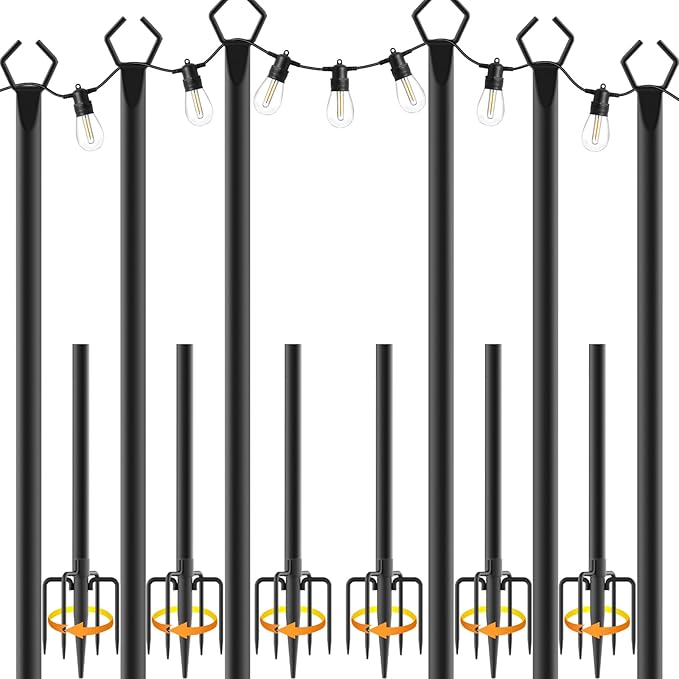 6 Pack String Light Poles,Metal Poles for Hanging Outdoor Light Strings,7 Pack 10 FT Light Poles Stand for Outside Garden,Patio,Wedding,Backyard,Deck,Party