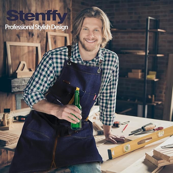 Woodworking Apron, Tool Apron, Canvas, Multiple Pockets, Adjustable Zipper, Metal Ring, Tape Measure Clip, Plus Size, Denim.