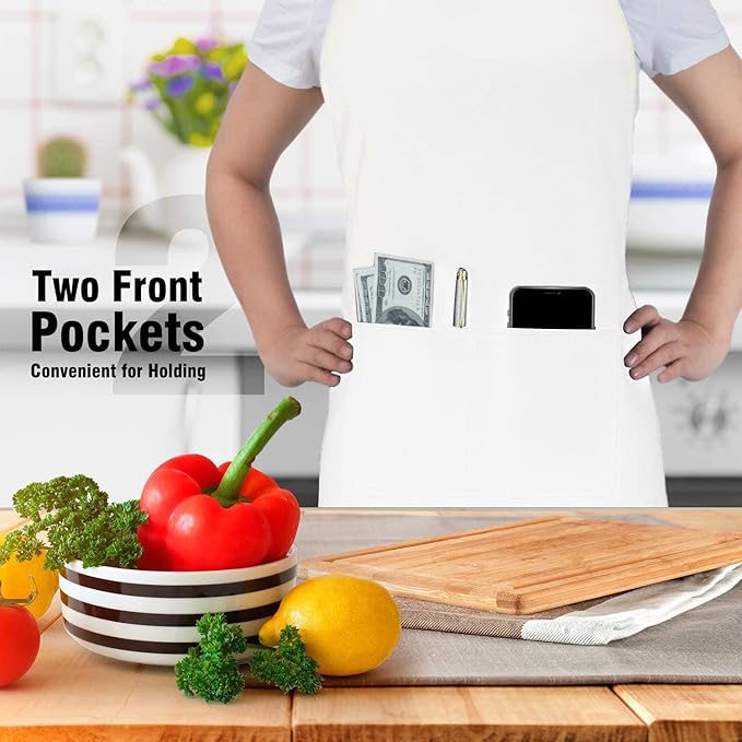 4 Packs Chef Apron, Waterproof Apron, Adjustable Aprons with 2 Pockets for Men Women, Professional Aprons for Kitchen Cooking Gardening Painting Baking Restaurant (White)