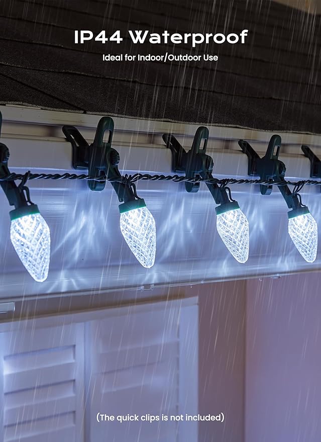 C9 Christmas Lights Outdoor, 66 FT 100 LED Connectable C9 String Lights with 8 Modes and Timer Extendable Xmas Tree Patio Roofline Garden Yard Holiday Party Indoor Outdoor Decoration, White