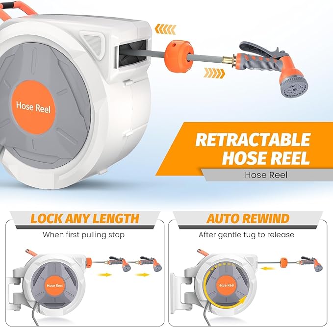 Retractable Garden Hose Reel, EliteEdge 1/2 In x 130 Ft With 9 Function Sprayer Nozzle, Any Length Lock, Automatic Rewind and Slow Return System, Wall Mounted and 180 Deg Swivel Bracket