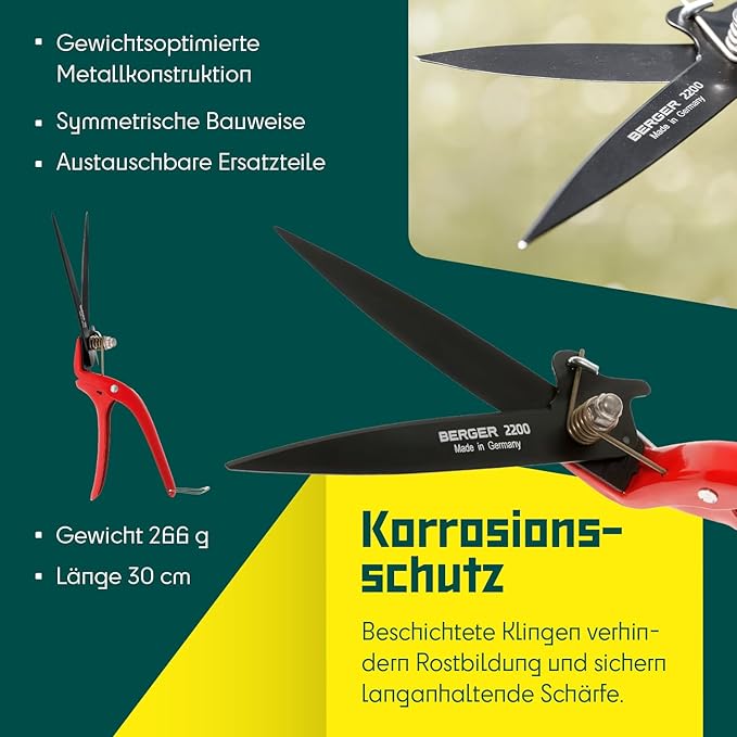 BERGER Commercial Grade Grass Shears, Self-Sharpening Steel Blades with Anti-Stick Coating, Forged Steel Body, Ring Clasp for Hanging Storage, 2200