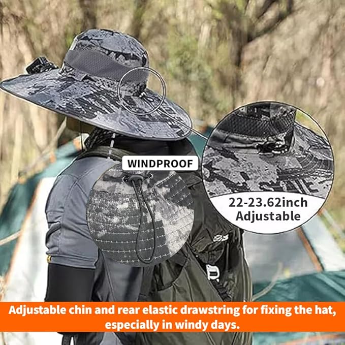 Wide Brim Solar Fan Hat for Men Women- UPF 50+ Sun Bucket Hat with 2 Built-in Solar Powered Fans for Fishing, Hiking & Beach