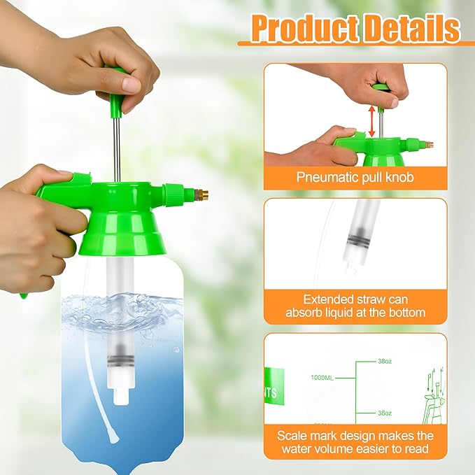 3 Pcs 1/4 Gallon Plastic Handheld Pump Sprayer – Garden Pressure Sprayer with Adjustable Nozzle for Plants, Cleaning, Household Tasks – Green
