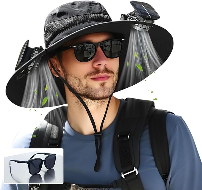 Wide Brim Solar/USB Rechargeable Fan Hat Adjustable Cooling Sun Hat for Men&Women, Outdoor Fishing Gardening Hats&Sunglasses
