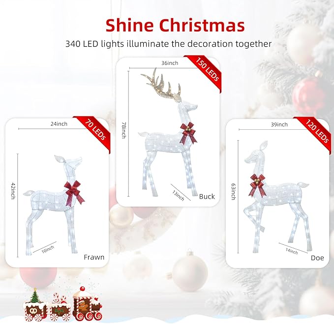HOYECHI 6.5 FT Oversized Christmas Decorations Outdoor Lighted Reindeer – 3-Piece 3D Deer Family Set with 340 Warm White LED Lights for Yard, Lawn, Garden & Porch Holiday Display - White