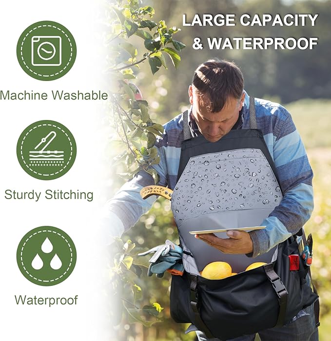 Extra Gardening Apron Waterproof Cross Back Apron, 600D Heavy Duty Apron Harvest and Large Quick Release Pockets