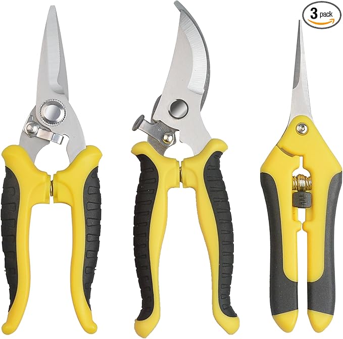 Pruning Shears Gardening Scissors Tools: 3pcs Outdoors&Indoor Garden Clippers, Rose Snips, Plant Clippers, Wood Pruner, Gardener Work Accessories for Flower Arrangement, Yard Landscaping (Yellow)