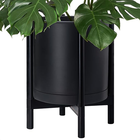 D'vine Dev Planter Pot with Stand - 16 Inch Plastic Cylinder Flower Pot with Wood Planter Holder for Indoor, Matte Black Pot + Ebony Stand, 55-C-Z-2