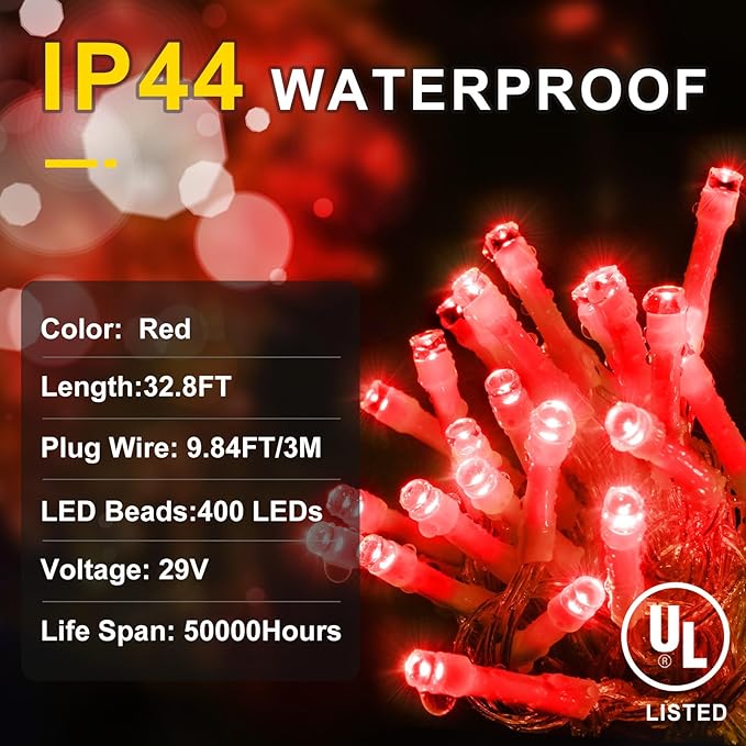 KNONEW Christmas Lights Outdoor Decorations 400 LED 33ft 8 Modes Curtain Fairy String Light with 75 Drops, Clear Wire LED Hanging Light Decor for Wedding Party Holiday Christmas Decorations (Red)