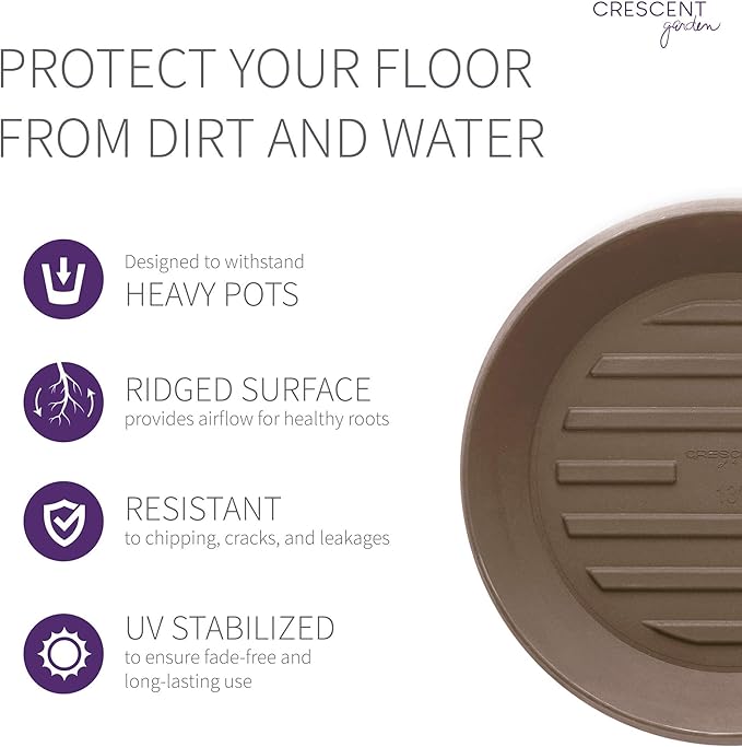 Crescent Garden Universal Round Planter Saucer, Durable Drainage Dish for Plant Pots, Heavy-Duty Plant Dishes Saucer, Indoor & Outdoor Plant Trays - Mocha (13 inch Inner, 18 inch Outer Diameter)