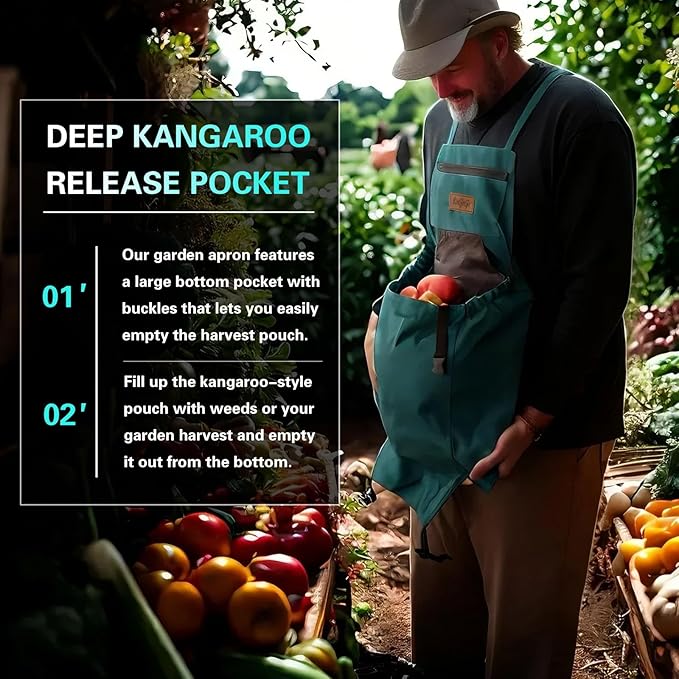 Gardening Apron with Harvesting Pouch for Women/Men, Adjustable Cross Back，Zippered Phone Pocket - Great Gift