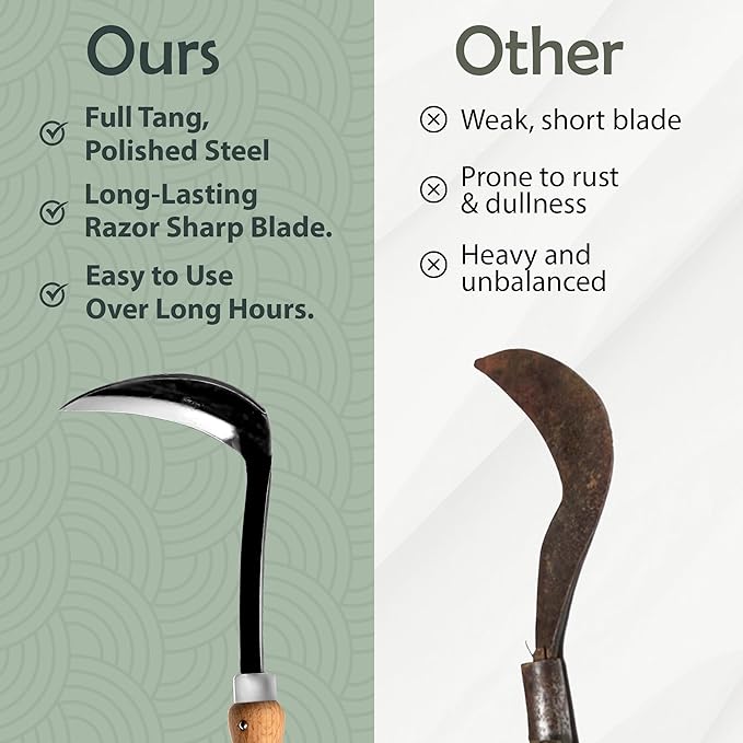 Muldale Japanese Weeding Sickle – Curved Razor Hand Hoe Garden Tool with Ergonomic Wooden Handle for Easy Manual Weeding & Gardening