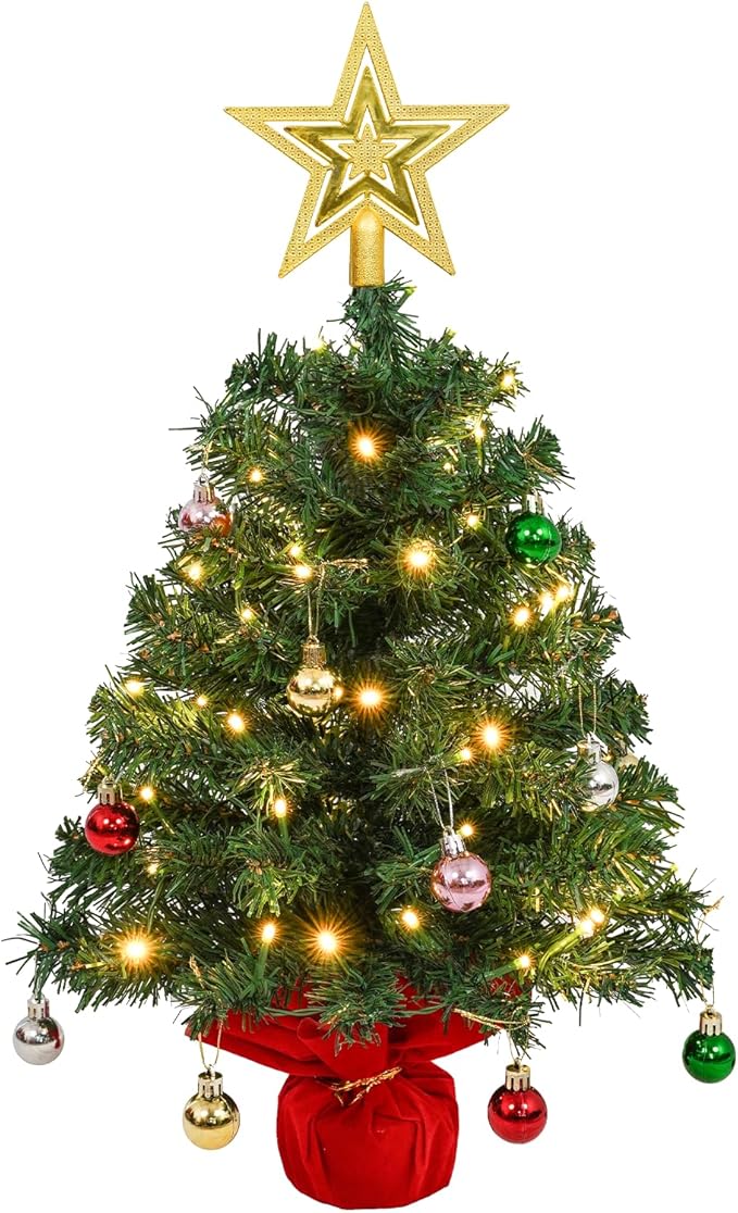 Uten Mini Christmas Tree Small Christmas Balls 28Pcs, Treetop Star 50 LED Waterproof Battery Box with Red Cement Base Christmas Decorations for Home, Office, Party