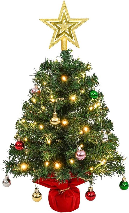 Uten Mini Christmas Tree Small Christmas Balls 28Pcs, Treetop Star 50 LED Waterproof Battery Box with Red Cement Base Christmas Decorations for Home, Office, Party