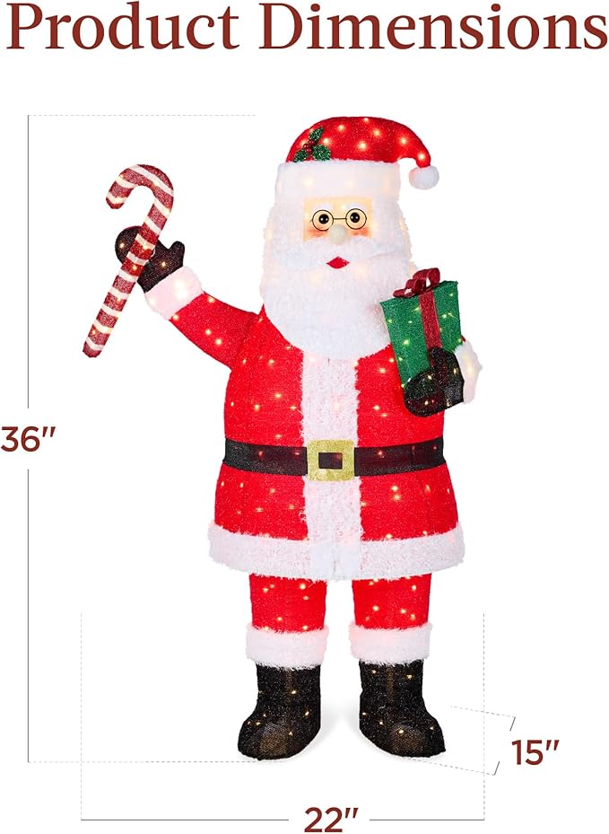 Best Choice Products 3ft Lighted Pop-Up Santa, Outdoor Christmas Holiday Decoration w/ 120 LED Lights, Twinkling Candy Cane, Gift Box, Hat
