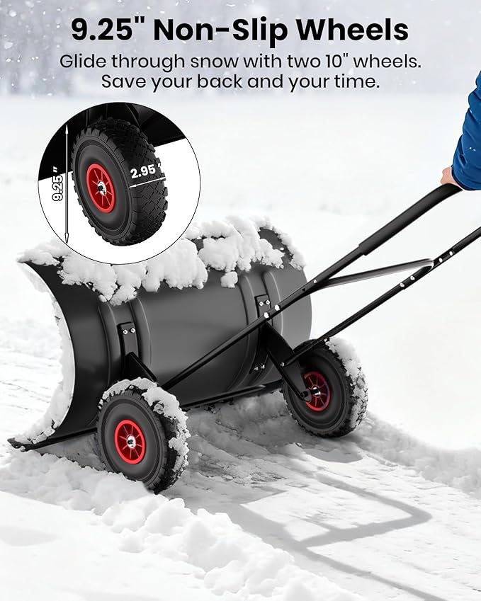 29" Snow Pusher Shovel with Wheels, Adjustable Ergonomic U-Handle Snow Plow for Driveway, Heavy Duty Wheeled Rolling Shovels for Driveway and Sidewalks with Angeled Blade