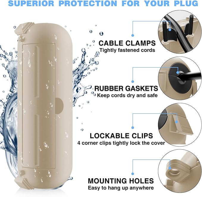 Flemoon [3 Pack] Outdoor Extension Cord Cover Waterproof, Weatherproof Electrical Connection Box for Straight Plug, Outlet, Socket, Halloween, Christmas Holiday Decoration String Light, Almond