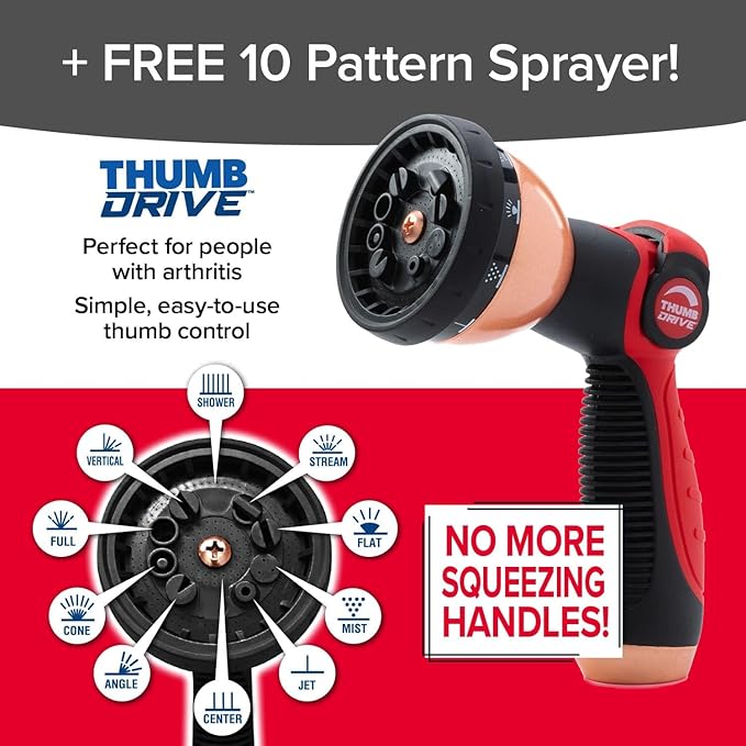 Pocket Hose Copper Head UV w/Pocket Pivot, Expandable Garden Hose 50 FT w/10 Pattern Thumb Sprayer AS-SEEN-ON-TV 650psi 3/4in Ultra-Light Solid Copper Anodized Aluminum Fittings No-Kink No-Lead