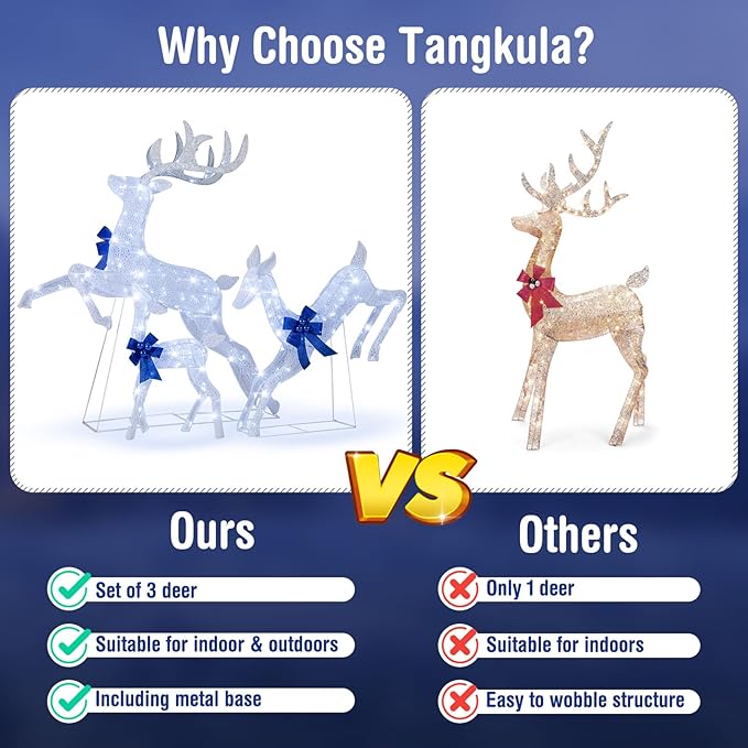 Tangkula 3 Pieces Lighted Christmas Reindeer, Holiday Reindeer Family Set with 255 Cold White Lights, Stakes, Indoor Outdoor Lighted Christmas Decoration for Lawn Yard Garden (White)