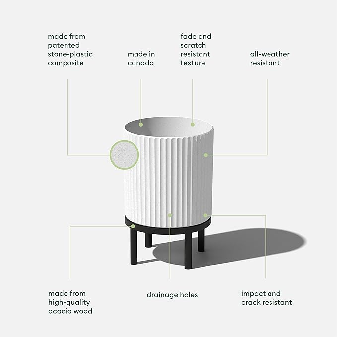 Veradek Demi Series Round Planter w/ Stand for Porch/Patio | Durable Plastic-Concrete & Wooden Stand | Modern Décor for Tall Plants, Flowers