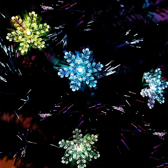 Juegoal 3 ft Pre-Lit Green Artificial Christmas Tree, Lighted Optical Fiber Table Mini Xmas Trees with Color Changing Lights, Snowflakes & Top Star, Fake Multicolored Tree for Festive Party Holiday
