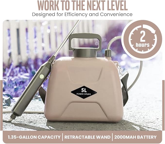 2025 Upgraded Electric Garden Sprayer | 5L/1.35Gal Battery-Powered Sprayer w/ 3 Nozzles, Leak-Proof Design & Adjustable Strap | Type-C Rechargeable for Lawn, Garden, Yard (Light Yellow)
