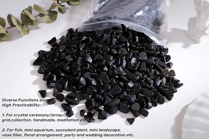 Black Obsidian Crystal Polished Gravel Quartz Stones 0.3-0.4" Pea Chips Stone Natural Crushed Tumbled Rocks Gem for Home Decoration Aquarium Small Tank Plants Vase Filler Landscape Ornament, 0.55 lbs