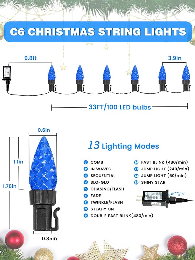 2 Pack C6 Christmas Lights Outdoor Indoor, Total 200 LED 66 FT Connectable Christmas String Lights with Timer & 13 Modes, Waterproof Twinkle Light for Xmas Tree Yards Party Wedding Decorations (Blue)