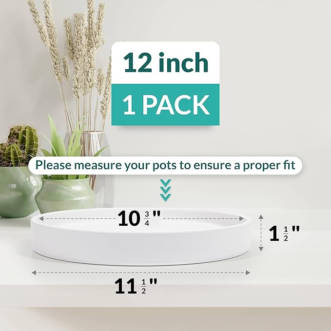 Heavy Duty Ceramic Plant Saucers for Indoors with Silicone Feet for Added Surface Protection - Scratch-Resistant Matte White, 10.75" at The Base or Less, Plant Water Catcher Tray