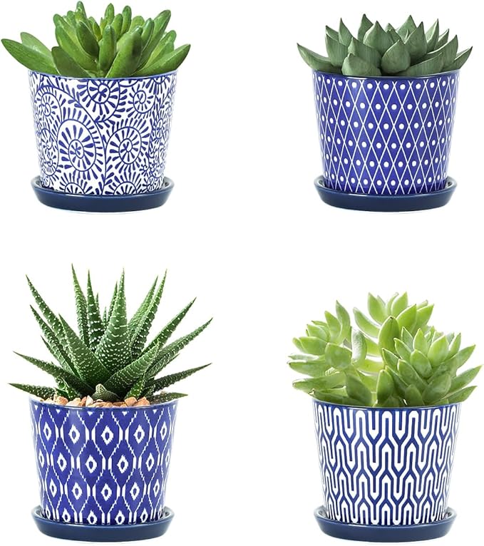 Selamica Ceramic Succulent Pots, 3.4 Inch Small Pots for Plants with Drainage Holes and Saucers, Succulent Planters for Indoor Plants, Cactus, Home Decor, Set of 4, Vintage Blue