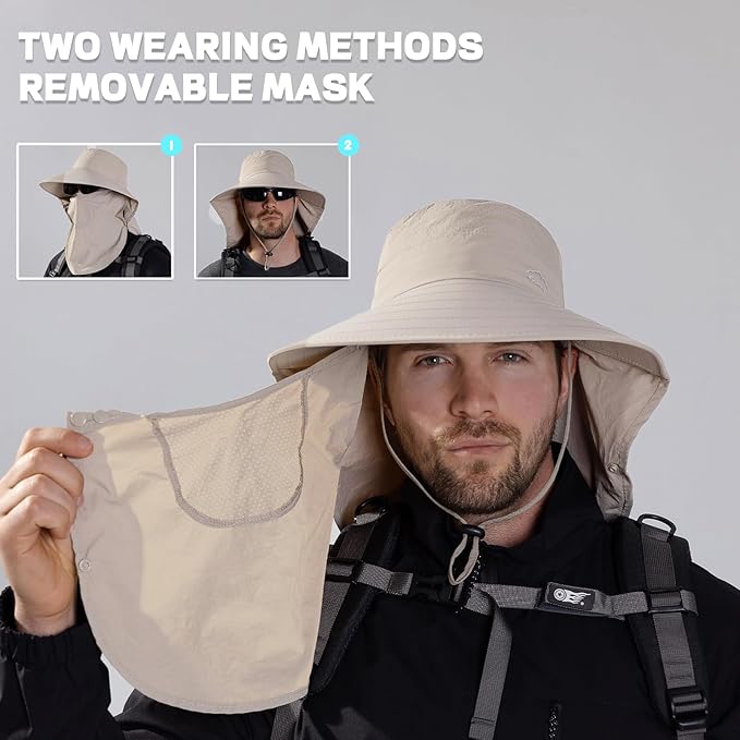 Rosoz Sun Hat for Men Women with Neck Flap,Wide Brim UPF50+ Fishing Hat with Detachable Face Cover Outdoor Sun Protection Hat