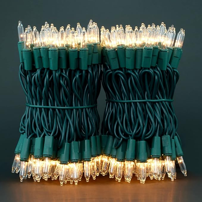 YULETIME 200 Clear Christmas Lights with Green Wire, Pack of 2 Strands of 21 ft 100 Count UL Certified Incandescent Mini String Light (Clear - Green Wire)