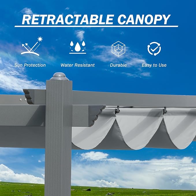 BPS 12x20 FT Outdoor Pergola - Retractable Shade Canopy with Aluminum Frame & Roller Shade Curtains for Patio, Backyard, or Deck, Gray