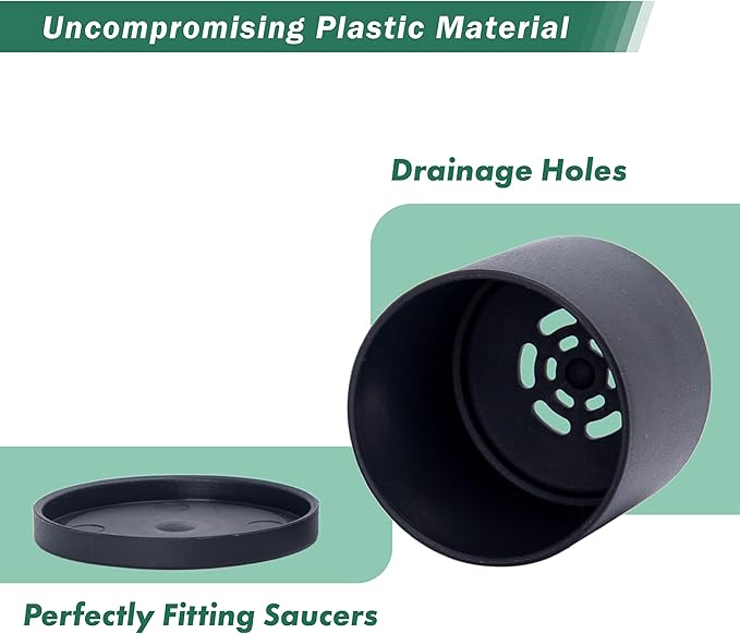 D'vine Dev 18 Pack 2.5 Inch Mini Plastic Plant Pots, Small Garden Planters for Plant with Drainage Holes and Saucers, Black Color, 74-Y-B-5