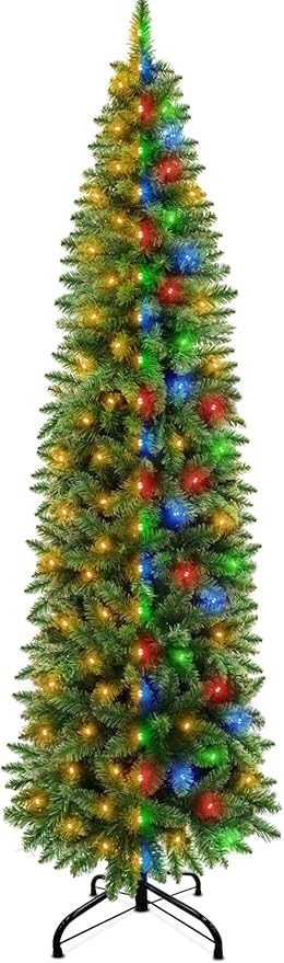 Dual Color Change&Timer 6Ft Prelit Artificial Slim Christmas Tree, 240 Warm White&Colored Lights, 658 Thick Branch Tips, 8 Mode, Fire-Resistant, Metal Stand, UL Plug, Hinged Christmas Xmas Tree Decor