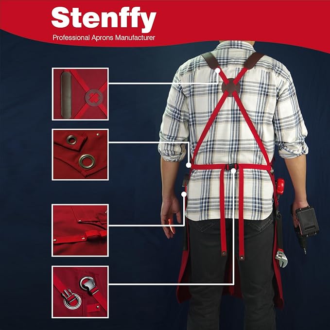 Woodworking Apron, Tool Apron, Canvas, Multiple Pockets, Adjustable Zipper, Metal Ring, Tape Measure Clip, Plus Size, Red
