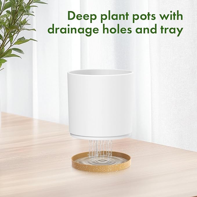 10/8/6 inch Deep Plant Pots, 3 Pack Cylindrical Large Flower Pots for Outdoor Indoor Plants, Tall Plastic Planters with Drainage Holes and Saucers for Garden House Plants, White with Brown