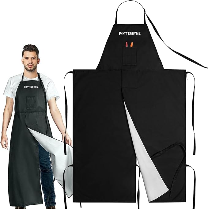 Reusable Full Coverage Waterproof Pottery Apron Split Leg - 100% Lined Polyester Apron For Men & Women - For Ceramic Wheel Throwing, Woodturning, Painting, and Clay or Tattoo Artists