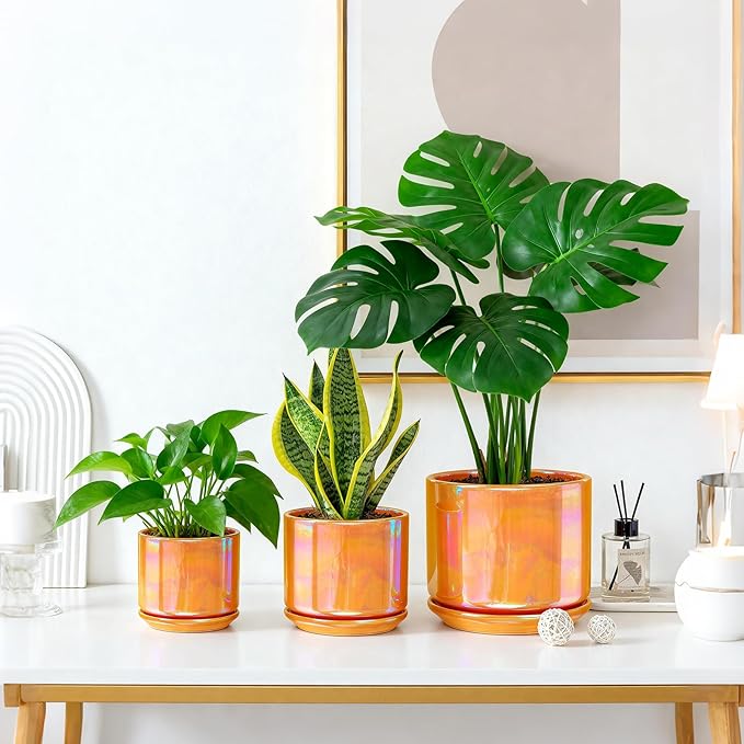 EFISPSS Ceramic Plant Pots,4+5+6 Inch Ceramic Indoor Pots for Plants with Drainage Hole,for Succulent Cactus,Pothos,Snake Plant Gift for Plant Lovers Set of 3 - Orange Pearl Glaze Plant Pots