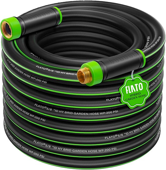 FLATO Garden Hose 5/8" x 100FT, Light Weight and Flexible, All Weather Use, Hybrid Polymer Water Hose with Brass Fittings, for Yard, Outdoor, Lawn (Black, Green stripes)