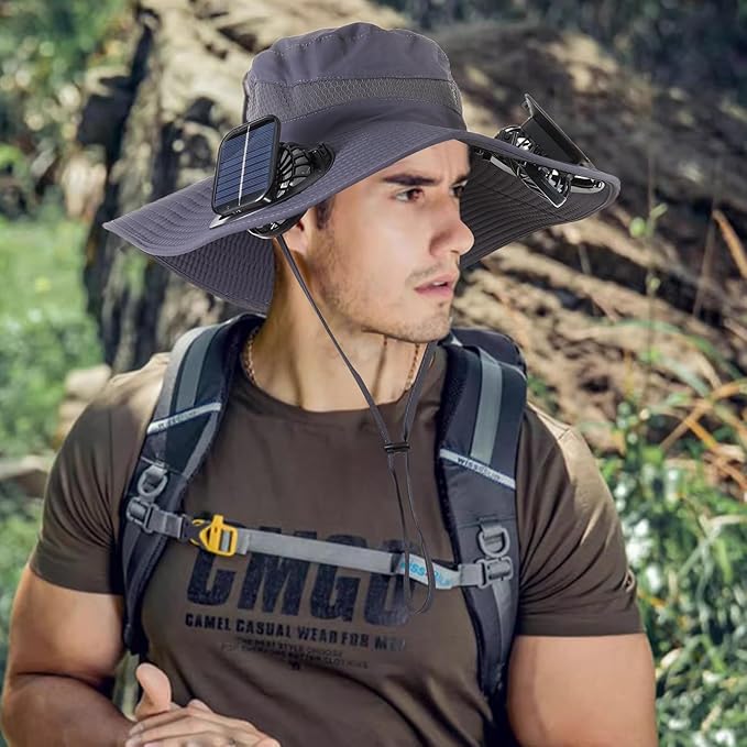 Wide Brim Solar Fan Outdoor Fishing Hat with 2 Solar Fan UPF 50+ Sun Bucket Hat Waterproof Breathable Fishing Hat Bucket Hat