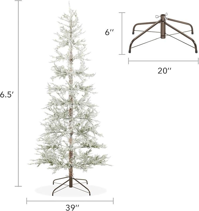 Casafield 6.5FT Pre-Lit Sparse Flocked Pine Artificial Holiday Christmas Tree with Sturdy Metal Stand