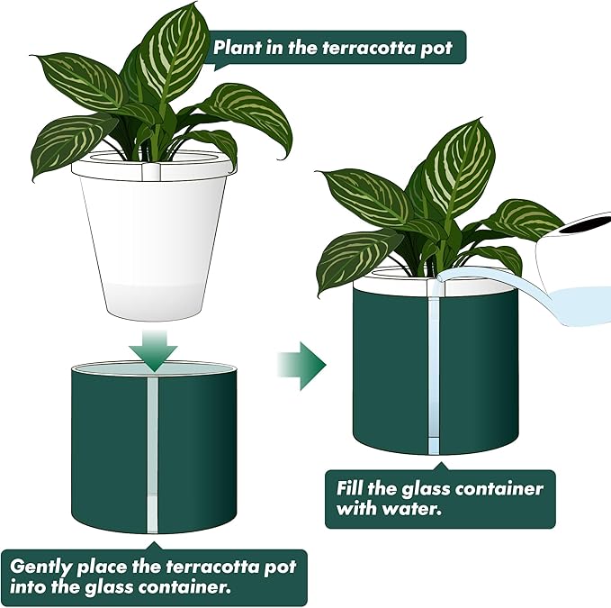 D'vine Dev 10 Inch Design Self Watering Planter for Indoor Plants, White Terracotta Pot with Teal Cylinder Glass Cup, 37-X-D-5